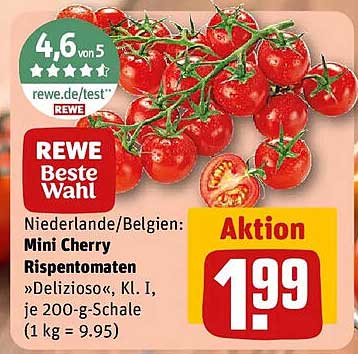Niederlande/Belgien: Mini Cherry Rispentomaten »Delizioso«, Kl. I, je 200-g-Schale (1 kg = 9.95)