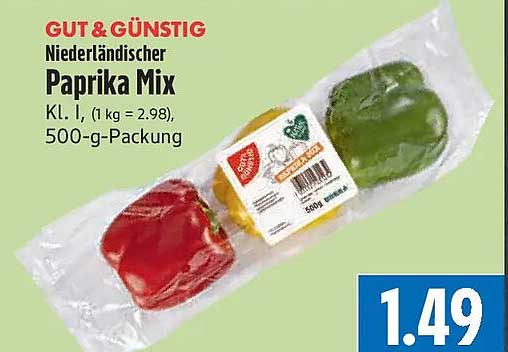 Niederländischer Paprika Mix Kl. I, (1 kg = 2.98), 500-g-Packung