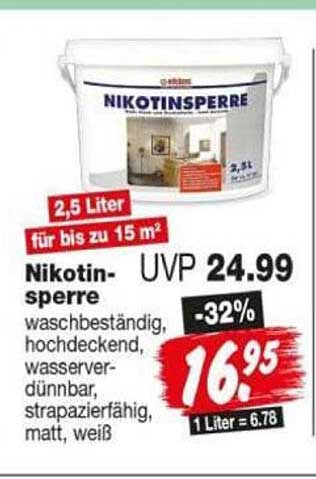 Nikotin-sperre waschbeständig, hochdeckend, wasserver-dünnbar, strapazierfähig, matt, weiß