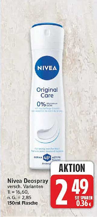 Nivea Deospray versch. Varianten 11 = 16,60, n. G. = 2,85 150ml Flasche