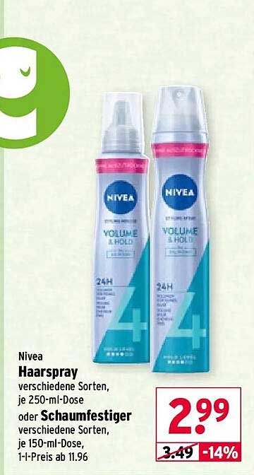 Nivea Haarspray verschiedene Sorten, je 250-ml-Dose oder Schaumfestiger verschiedene Sorten, je 150-ml-Dose, 1-l-Preis ab 11.96