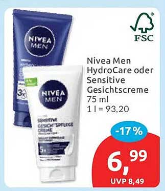 Nivea Men HydroCare oder Sensitive Gesichtscreme 75 ml 1 l = 93,20