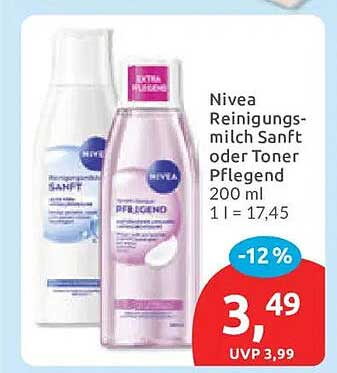 Nivea Reinigungsmilch Sanft oder Toner Pflegend 200 ml 1 l = 17,45