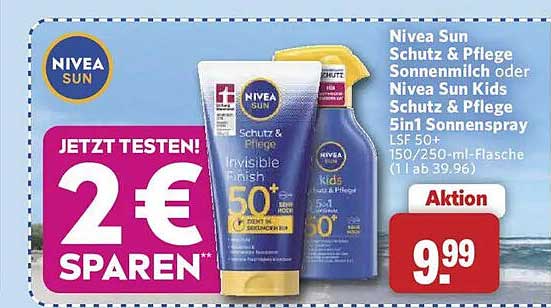 Nivea Sun Schutz & Pflege Sonnenmilch oder Nivea Sun Kids Schutz & Pflege Sonnenspray LSF 50+ 150/250-ml-Flasche (1 l ab 39.96)