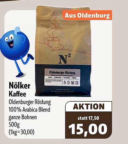 Nölker Kaffee Oldenburger Röstung 100% Arabica Blend ganze Bohnen 500g (1kg=30,00)