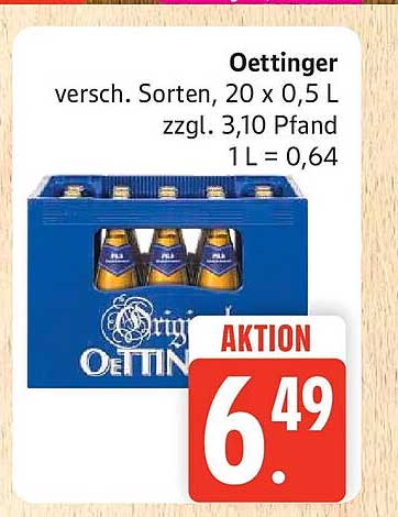 Oettinger versch. Sorten, 20 x 0,5 L zzgl. 3,10 Pfand 1 L = 0,64