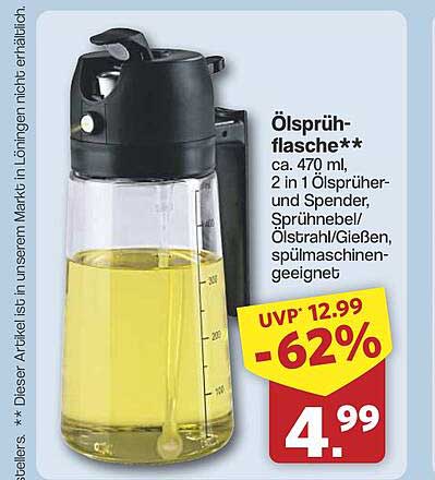 Ölsprühflasche** ca. 470 ml, 2 in 1 Ölsprüher- und Spender, Sprühnebel/Ölstrahl/Gießen, spülmaschinengeeignet