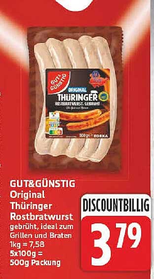 Original Thüringer Rostbratwurst gebrüht, ideal zum Grillen und Braten 1kg = 7,58 5x100g = 500g Packung