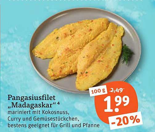 Pangasiusfilet „Madagaskar“ mariniert mit Kokosnuss, Curry und Gemüsestückchen, bestens geeignet für Grill und Pfanne