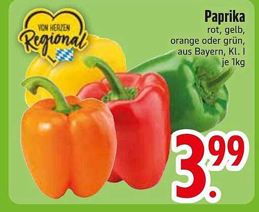 Paprika rot, gelb, orange oder grün, aus Bayern, Kl. I je 1kg