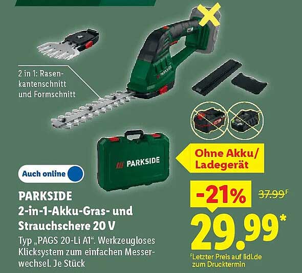 PARKSIDE 2-in-1-Akku-Gras- und Strauchschere 20 V