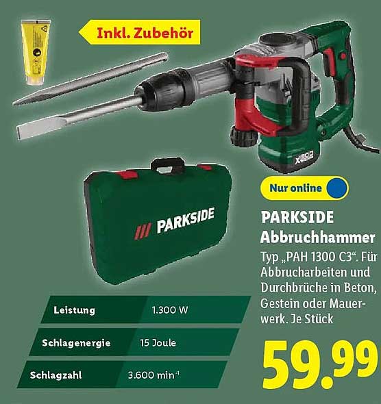 PARKSIDE Abbruchhammer Typ „PAH 1300 C3“. Für Abbrucharbeiten und Durchbrüche in Beton, Gestein oder Mauerwerk. Je Stück