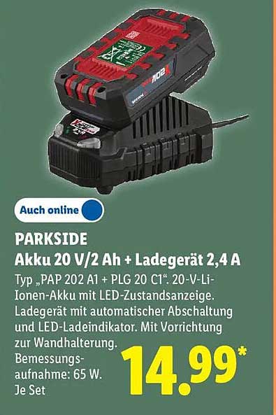 PARKSIDE Akku 20 V/2 Ah + Ladegerät 2,4 A