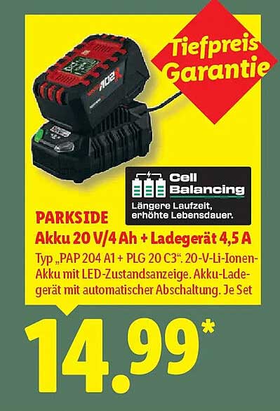 PARKSIDE Akku 20 V/4 Ah + Ladegerät 4,5 A