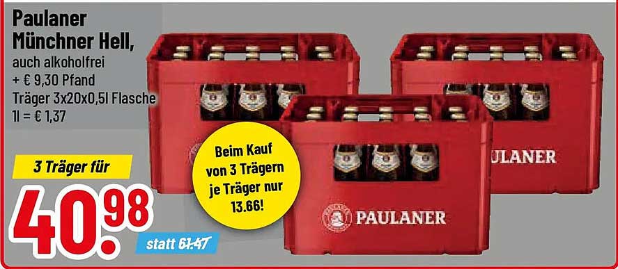 Paulaner Münchner Hell, auch alkoholfrei + € 9,30 Pfand Träger 3x20x0,5l Flasche 1l = € 1,37