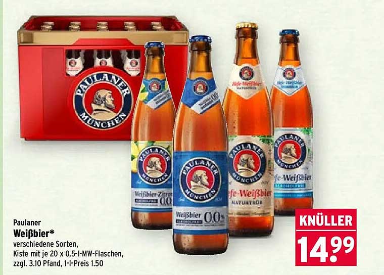 Paulaner Weißbier* verschiedene Sorten, Kiste mit je 20 x 0,5-l-MW-Flaschen, zzgl. 3.10 Pfand, 1-l-Preis 1.50