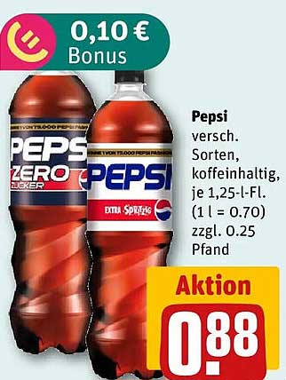 Pepsi versch. Sorten, koffeinhaltig, je 1,25-L-Fl. (1 l = 0.70) zzgl. 0.25 Pfand