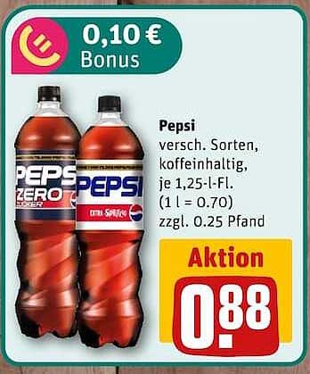 Pepsi versch. Sorten, koffeinhaltig, je 1,25-l-Fl. (1 l = 0.70) zzgl. 0.25 Pfand
