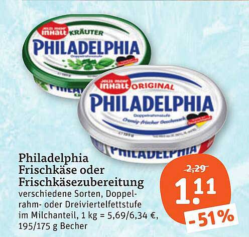 Philadelphia Frischkäse oder Frischkäsezubereitung verschiedene Sorten, Doppelrahm- oder Dreiviertelfettstufe im Milchanteil, 1 kg = 5,69/6,34 €, 195/175 g Becher
