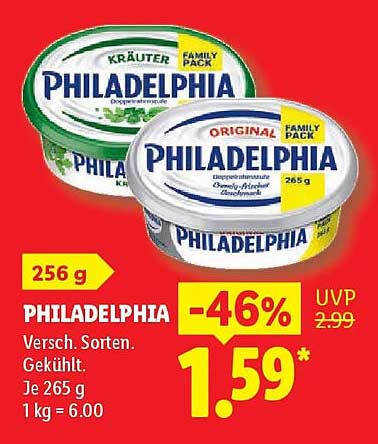 PHILADELPHIA Versch. Sorten. Gekühlt. Je 265 g 1 kg = 6.00