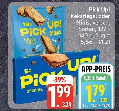 Pick Up! Keksriegel oder Minis, versch. Sorten, 127 - 140 g, 1 kg = 15,66 - 14,21