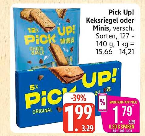 Pick Up! Keksriegel oder Minis, versch. Sorten, 127 - 140 g, 1 kg = 15,66 - 14,21