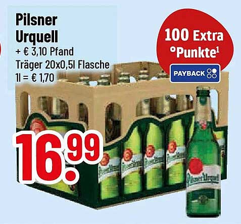 Pilsner Urquell + € 3,10 Pfand Träger 20x0,5l Flasche 1l = € 1,70