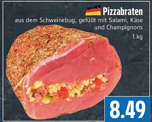 Pizzabraten aus dem Schweinebug, gefüllt mit Salami, Käse und Champignons