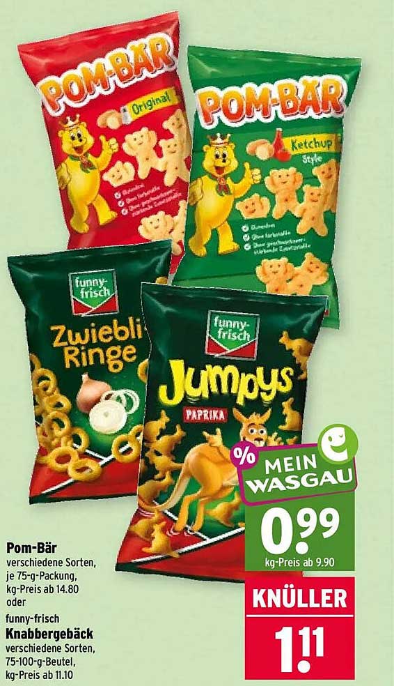 Pom-Bär verschiedene Sorten, je 75-g-Packung, oder funny-frisch Knabbergebäck verschiedene Sorten, 75-100-g-Beutel