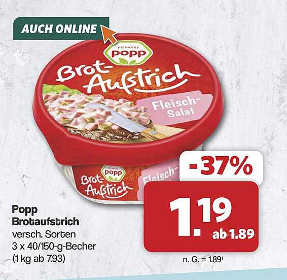 Popp Brotaufstrich versch. Sorten 3 x 40/150-g-Becher (1 kg ab 7.93)