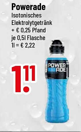 Powerade Isotonisches Elektrolytgetränk + € 0,25 Pfand je 0,5l Flasche 1l = € 2,22