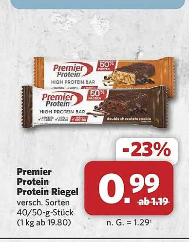 Premier Protein Protein Riegel versch. Sorten 40/50-g-Stück (1 kg ab 19.80)