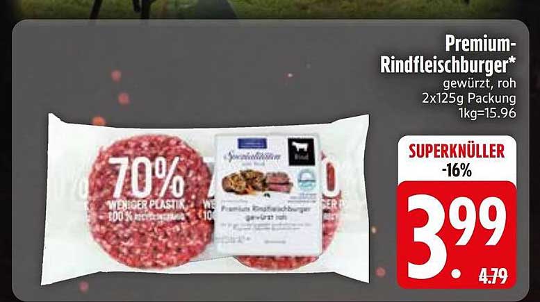 Premium-Rindfleischburger* gewürzt, roh 2x125g Packung 1kg=15.96