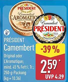PRÉSIDENT Camembert Original oder L’Aromatique; mind. 45 % Fett i. Tr.; 250-g-Packung (kg = 10.36)