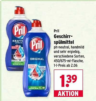 Pril Geschirr-spülmittel ph-neutral, handmild und sehr ergiebig, verschiedene Sorten, 450/675-ml-Flasche, 1-L-Preis ab 2.06