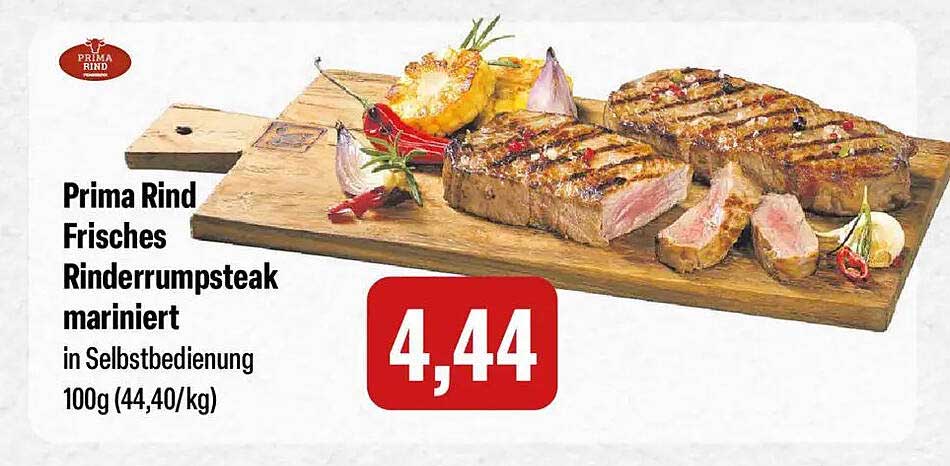 Prima Rind Frisches Rinderrumpsteak mariniert in Selbstbedienung 100g (44,40/kg)