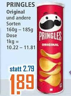 PRINGLES Original und andere Sorten 160g – 185g Dose 1kg = 10.22 – 11.81