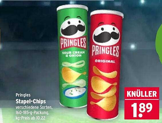 Pringles Stapel-Chips verschiedene Sorten, 160-185-g-Packung, kg-Preis ab 10.22