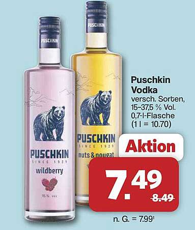 Puschkin Vodka versch. Sorten, 15–37,5 % Vol. 0,7-l-Flasche (1 l = 10.70)