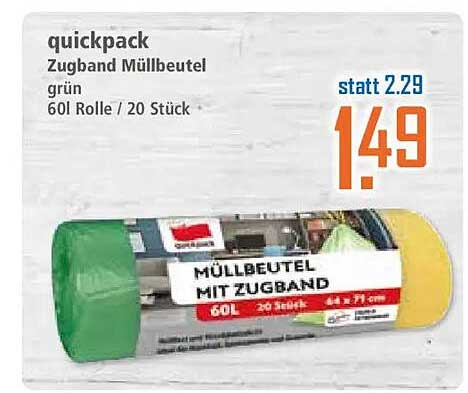 quickpack Zugband Müllbeutel grün 60l Rolle / 20 Stück