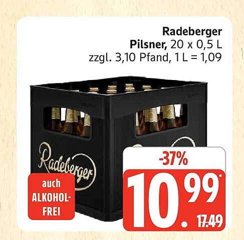 Radeberger Pilsner, 20 x 0,5 L zzgl. 3,10 Pfand, 1 L = 1,09 auch ALKOHOL-FREI