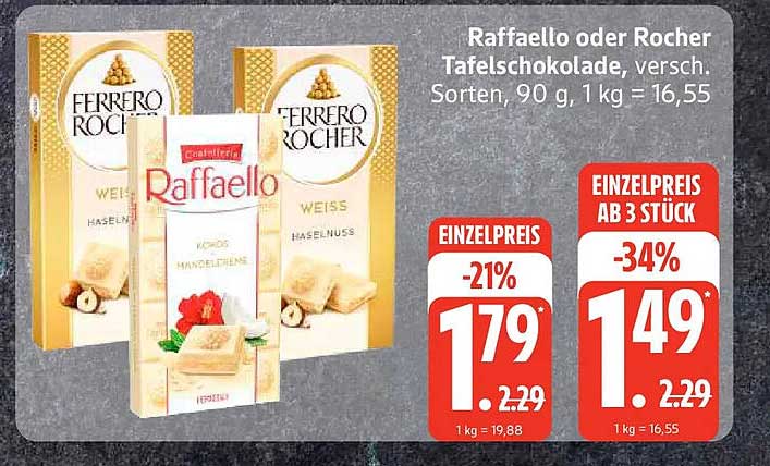 Raffaello oder Rocher Tafelschokolade, versch. Sorten, 90 g, 1 kg = 16,55