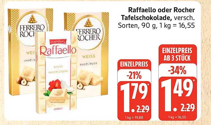 Raffaello oder Rocher Tafelschokolade, versh. Sorten, 90 g, 1 kg = 16,55