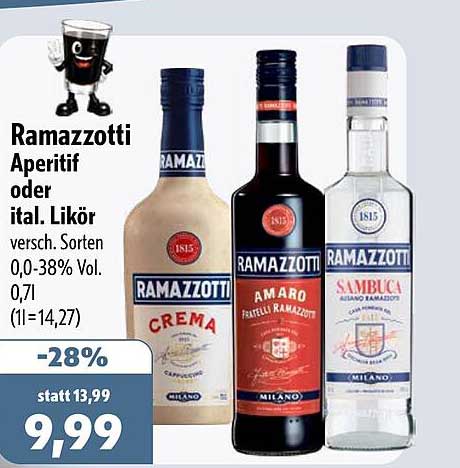 Ramazotti Aperitif oder ital. Likör versch. Sorten 0,0-38% Vol. 0,7l (1l=14,27)