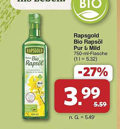 Rapsgold Bio Rapsöl Pur & Mild 750-ml-Flasche (1 l = 5.32)