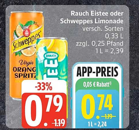 Rauch Eistee oder Schweppes Limonade versch. Sorten 0,33 L zzgl. 0,25 Pfand