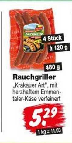 Rauchgriller „Krakauer Art“, mit herzhafterm Emmentaler-Käse verfeinert