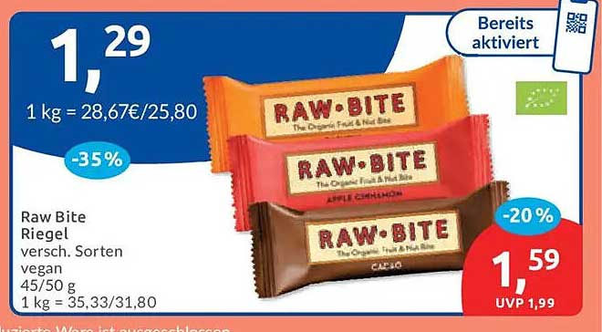 Raw Bite Riegel versch. Sorten vegan 45/50 g