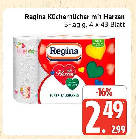Regina Küchentücher mit Herzen 3-lagig, 4 x 43 Blatt