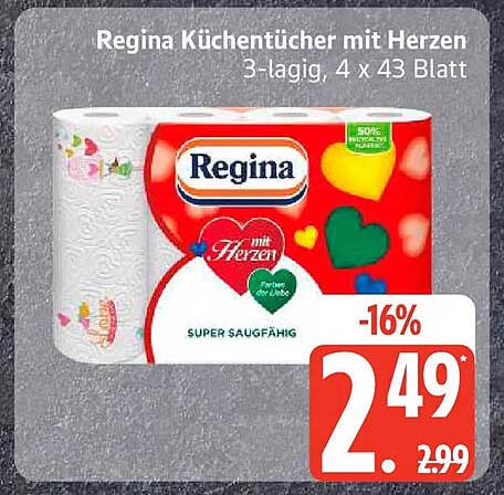 Regina Küchentücher mit Herzen 3-lagig, 4 x 43 Blatt